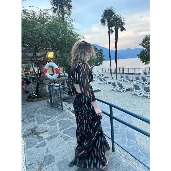 SHOSHANNA Black Georgette Metallic Ribbon Waist Cinching Cutout Randi Dress 14 - Picture 15 of 15